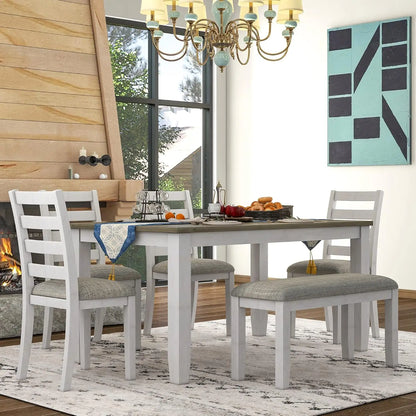 6 Pieces Dining Table Set with Bench, Rectangle Dining Table with 4 Upholstered Chairs & A Bench, Rubber Wood Dining Table Set