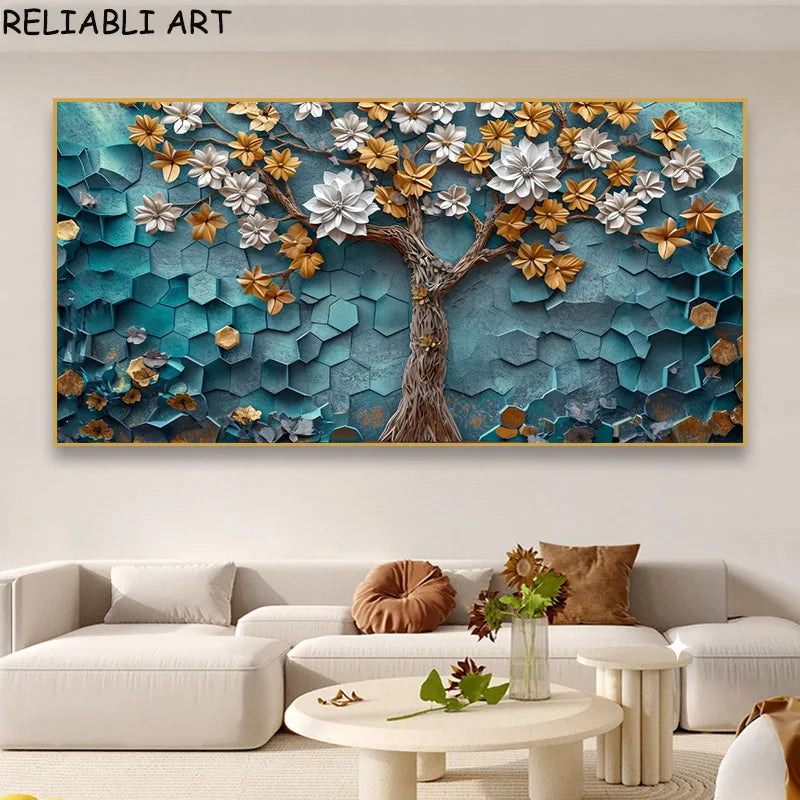 Abstract 3D Bule Flower Tree Poster and Prints Modern Canvas Painting Wall Art Pictures for Living Room Home Decor No Frame