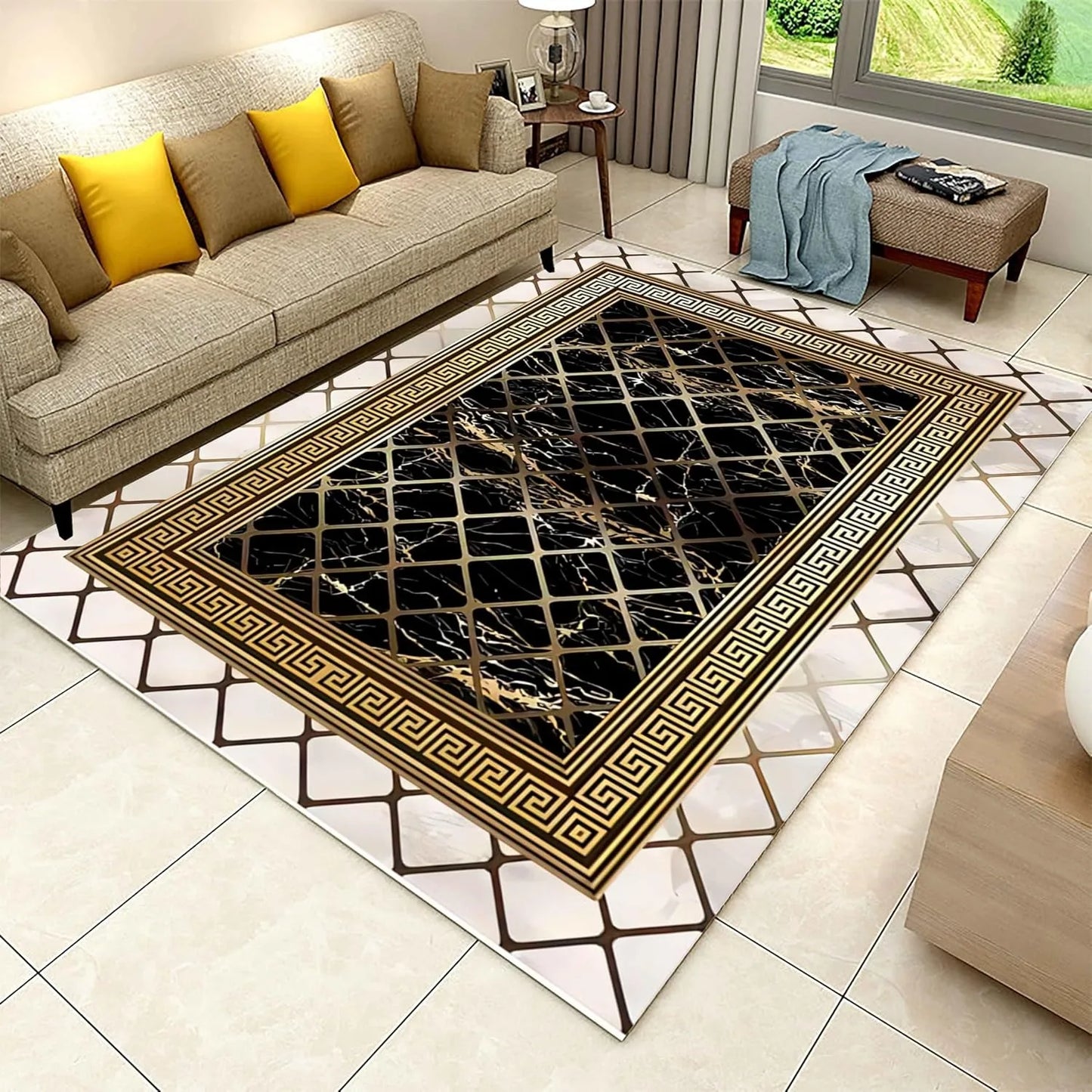 Black Gold Marble Area Rug Modern Abstract Geometric Rug Non-Slip Soft Floor Carpet Decor for Home Living Room Bedroom Office