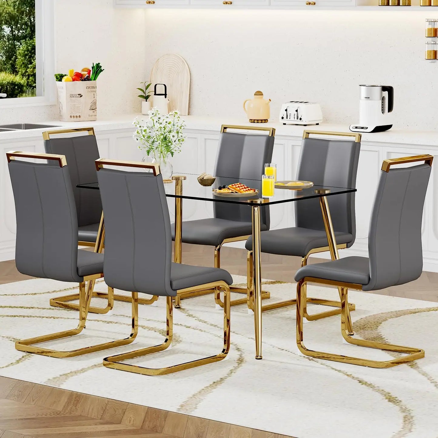 Glass Dining Table Set for 4,5 Piece Dining Table and Chairs Set，Modern Kitchen Dining Room Table with 4 Black PU Leather