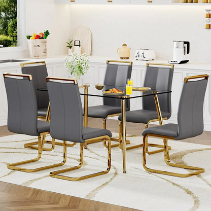 Glass Dining Table Set for 4,5 Piece Dining Table and Chairs Set，Modern Kitchen Dining Room Table with 4 Black PU Leather