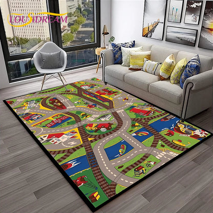 Child Playmat Traffic Highway City Playroom Carpet Rug for Home Living Room Bedroom Doormat Decor, Area Rug Non-slip Floor Mat
