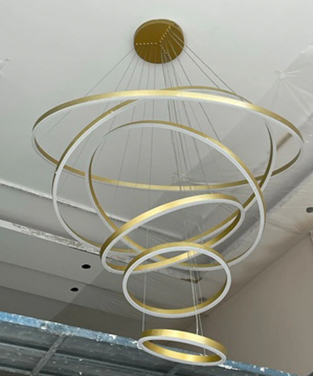 Modern LED pendant lights suitable for bedrooms, living rooms, and dining rooms. Circular ceiling chandelier, home lighting.