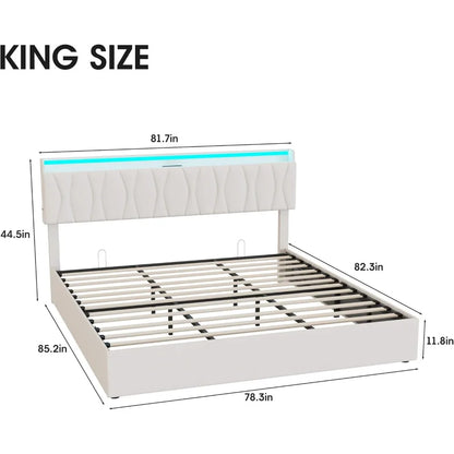 bedstead King Size Lift Up Storage, Height Adjustable Storage Headboard with Charging Station, LED Lights Platform Bed, bedstead