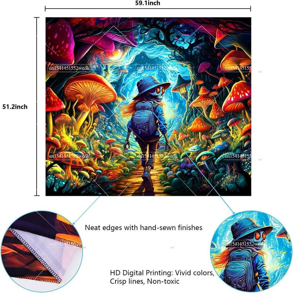 Blacklight Mushroom Tapestry UV Reactive Hippie Skull Tapestries Wall Hanging Eyes Forest Tapestry Glow In The Dark Posters