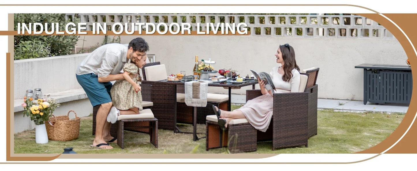 9 Pieces Patio Dining Sets Outdoor Space Saving Rattan Chairs with Glass Table Patio Furniture Sets Cushioned Seating (Beige)