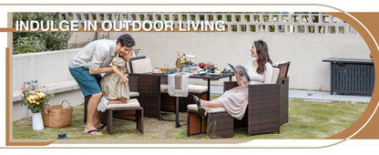 9 Pieces Patio Dining Sets Outdoor Space Saving Rattan Chairs with Glass Table Patio Furniture Sets Cushioned Seating (Beige)