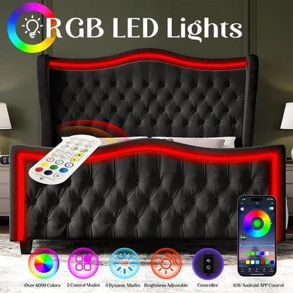 King Size Bed Frame with LED Lights, 53'' Upholstered Platform Wingback Bed with Handmade Deep Button Tufted Headboard Footboard