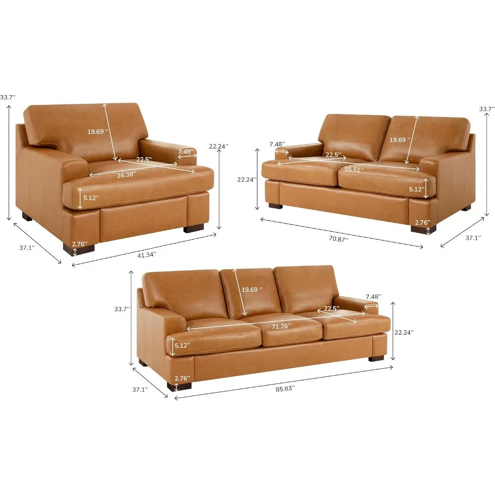 Genuine Leather Sofa - Set of 3 Luxurious Comfort, Goose Feather Cushion Filling, Square Arm Design, Sturdy Block Legs