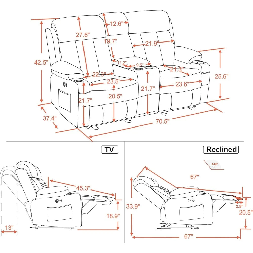 Electric Power Loveseat Recliner, Faux Leather Power Reclining Sofa with Heat and Massage, USB Ports, Cup Holders Living Room