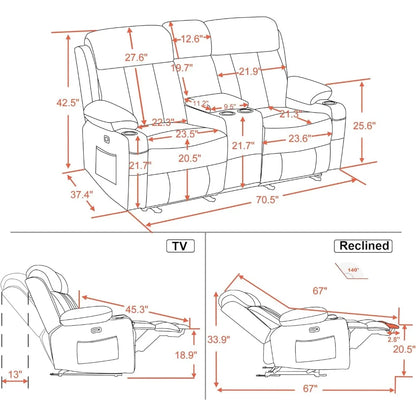Electric Power Loveseat Recliner, Faux Leather Power Reclining Sofa with Heat and Massage, USB Ports, Cup Holders Living Room