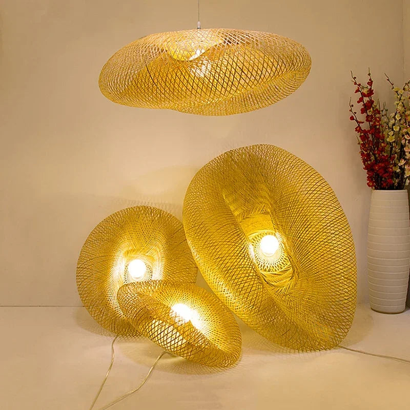 HandMade Vintage Bamboo Weaving LED Pendant Light Home Hanging Chandelier Lighting Living Room Kitchen Rattan Woven  Lamp