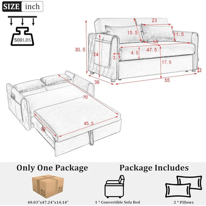 3 in 1 Pull Out Convertible Sofa Bed-Velvet Sleeper Sofa with 3Level Adjustable Backrest,Tufted Love Seat w/ 2Pockets ＆ 2Pillows