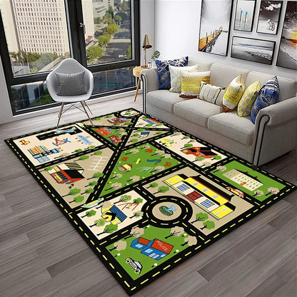 Child Playmat Traffic Highway City Playroom Carpet Rug for Home Living Room Bedroom Doormat Decor, Area Rug Non-slip Floor Mat