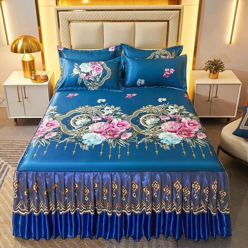 3pcs Set Luxury Classic Floral Bed Skirt with Pillowcase, Ice Silk Flower Print Bedding Set for Dorm, Bedroom, Guest Room Decor