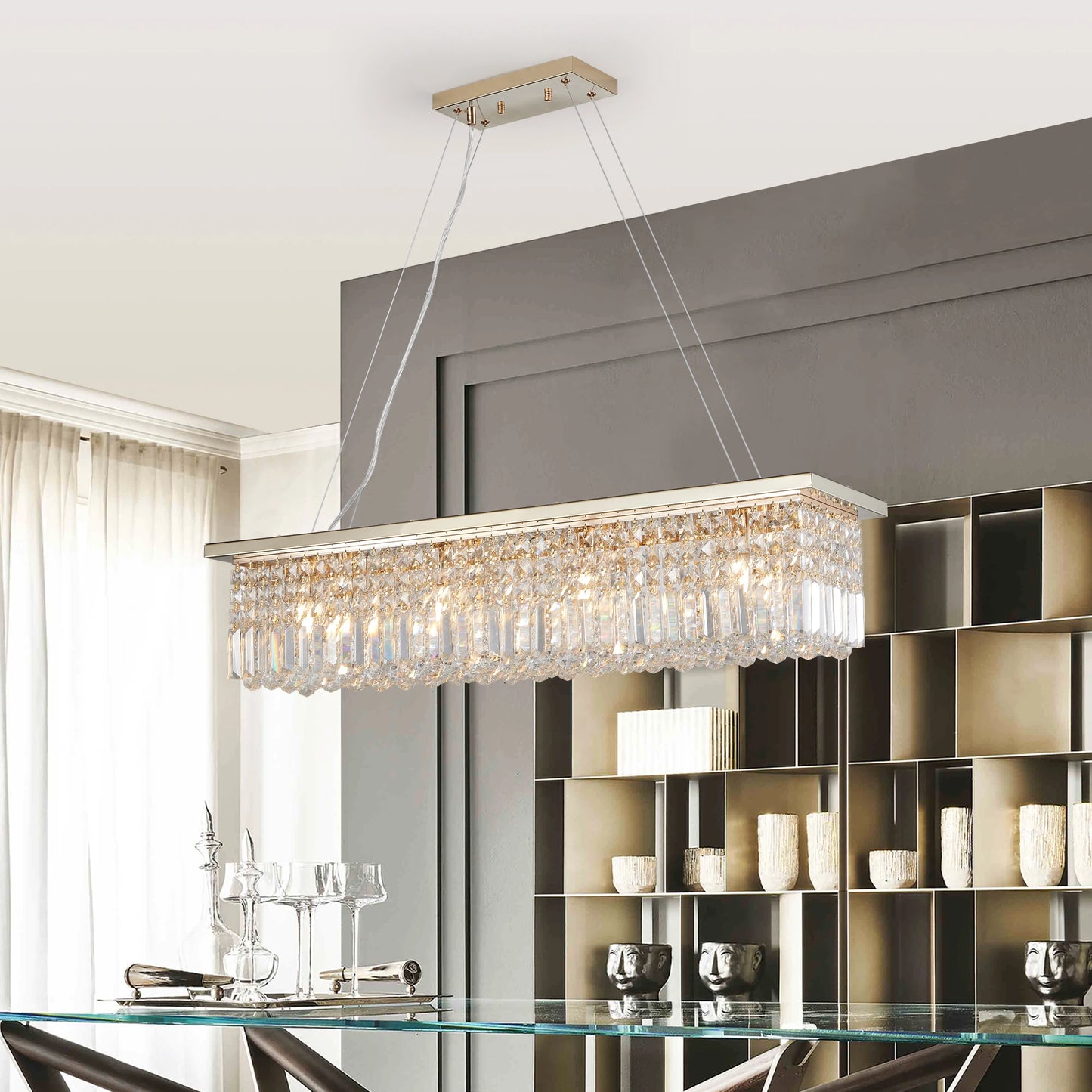 Modern Crystal Chandelier for Dining Room 8-Light  Rectangle Raindrop Chandelier Contemporary Rectangular Fixture Pendant Light