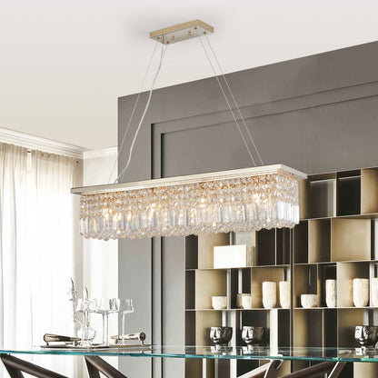 Modern Crystal Chandelier for Dining Room 8-Light  Rectangle Raindrop Chandelier Contemporary Rectangular Fixture Pendant Light