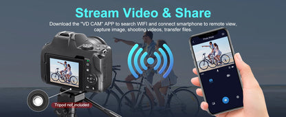 4K HD Digital Camera for Photography Auto Focus 12X Optical Zoom Vlogging Camera for YouTube 72MP WiFi Livestream Video Cameras