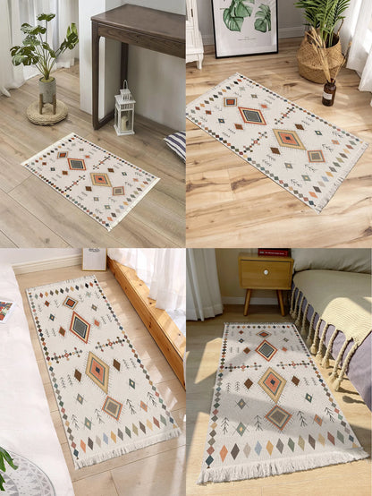 Handwoven cotton linen carpet retro Bohemian style square bedside geometric floor mat living room home decoration Bohemian manda