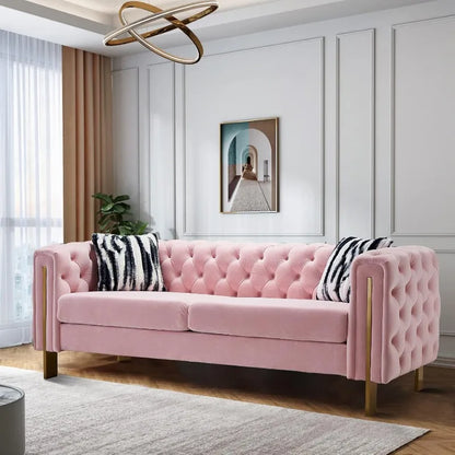 Modern Velvet Sofa for Living Room, 84 Inches Long Tufted Couch Upholstered Sofa with 2 Pillows High Arm and Metal Legs Decor