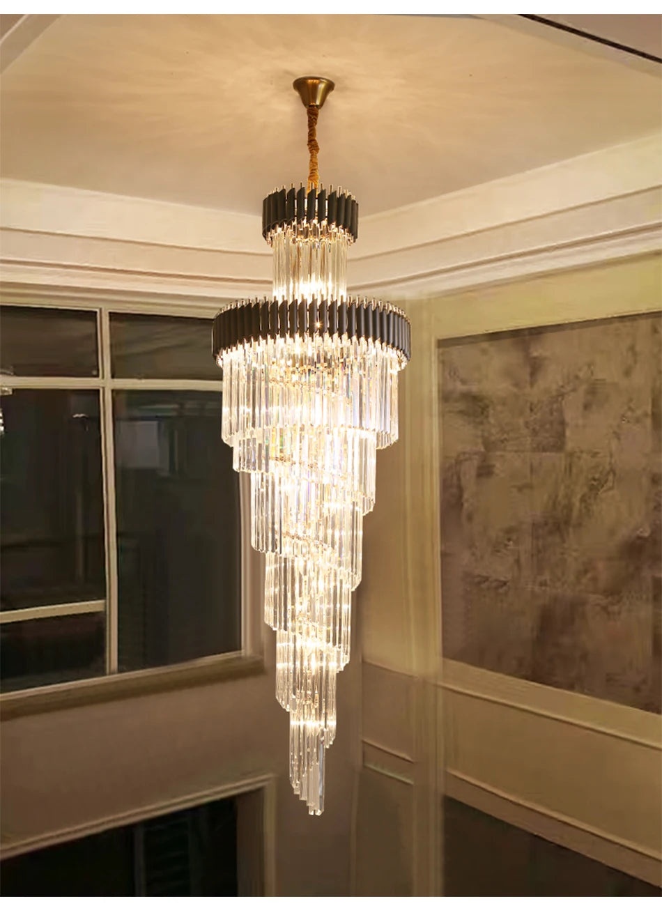 Large Top Long Crystal Led Chandeliers Hotel Hall Living Room Luxury Multi-layer Staircase Lighting Black Stainless Steel Light
