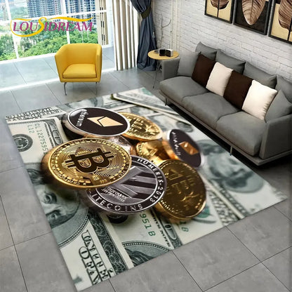 3D Bitcoin Virtual Currency Area Rug Large, Carpet Rug for Living Room Bedroom Sofa Playroom Doormat Decor, Kid Non-slip Floor Mat