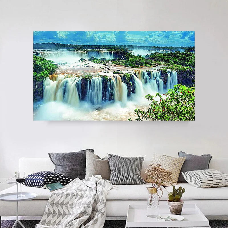 Frameless Modern Mountain Stream Waterfall Art Canvas Painting, Wall Landscape, Poster, Living Room, Bedroom, Home Decor