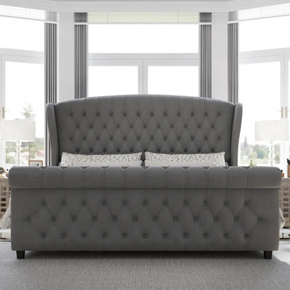 Queen Size Platform Bed Frame, Velvet Upholstered Sleigh Bed with Scroll Wingback Headboard & Footboard/Button Tufted Grey