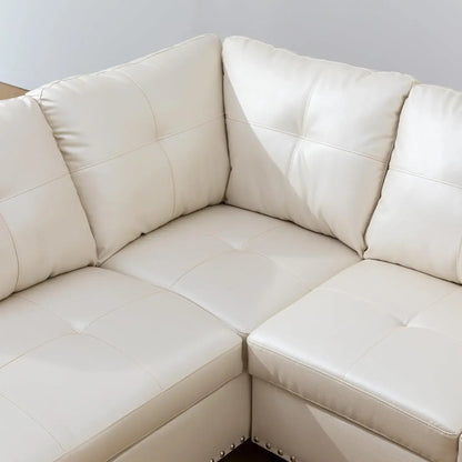 Shaped Sectional Couch with 70" Chaise Lounge, 98" Faux Leather Upholstered Modular Sofas with Right Armrest, Button Tufted