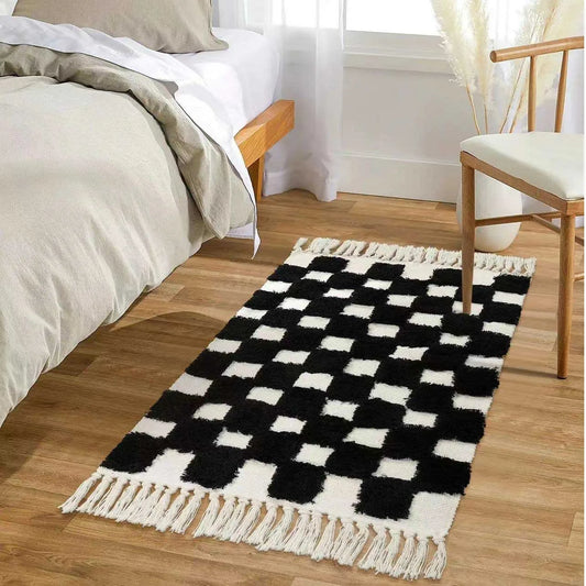Vintage Nordic Style Cotton Linen Handmade Tassel Area Rug Checkerboard Tufted Floor Bedside Mat Living Room Bedroom Tapestry