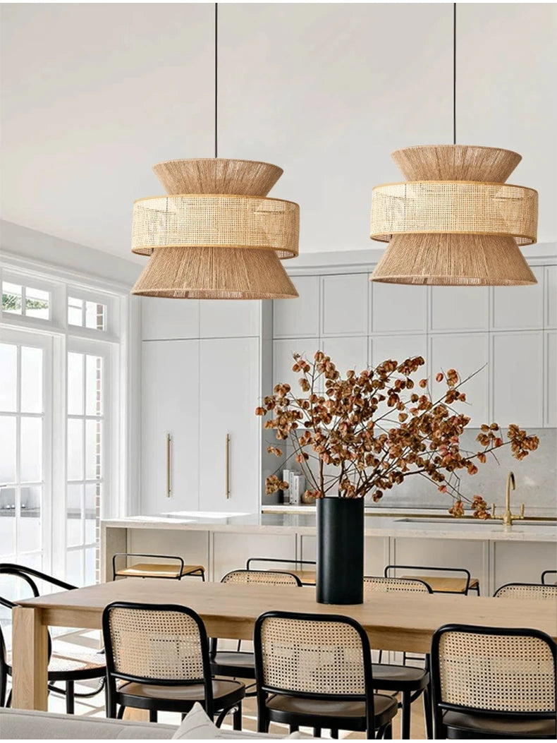 Vintage Wabi Sabi Chandelier Handmade Hemp Rope Pendant Light for Restaurant Bar Cafe Dining Room Led Rattan Lamp