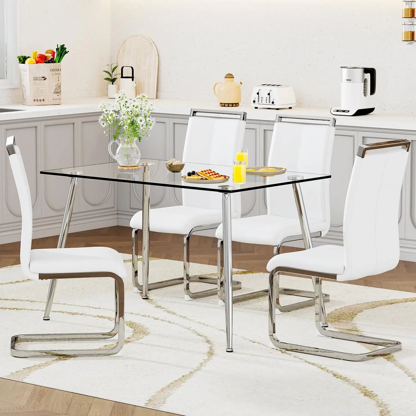 Glass Dining Table Set for 4,5 Piece Dining Table and Chairs Set，Modern Kitchen Dining Room Table with 4 Black PU Leather