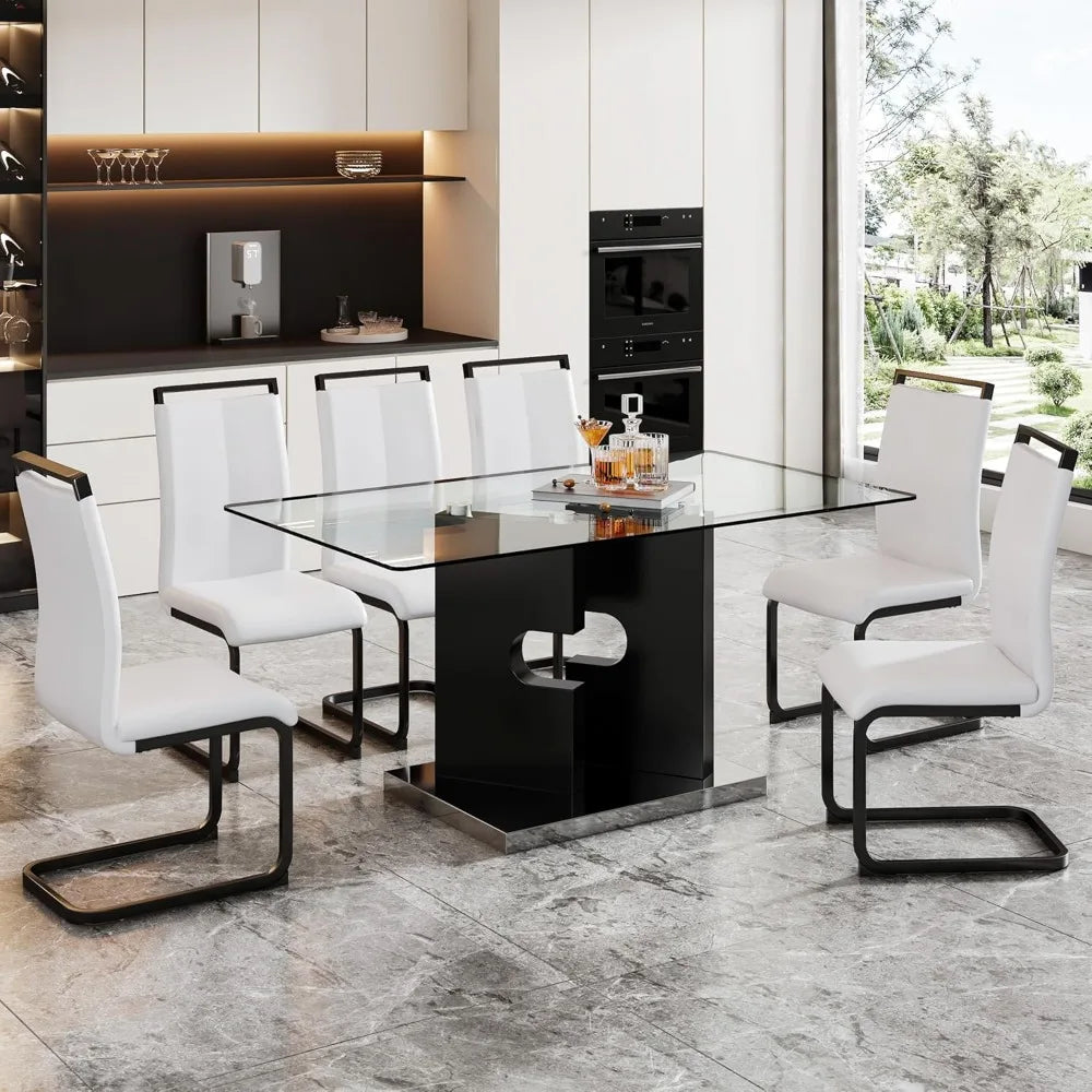 Modern dining table set for 6 people, glass table with 6 faux leather chairs, kitchen display table, suitable for living room