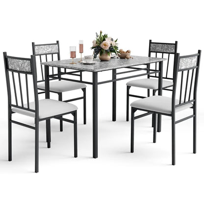 5-piece 4-person Dining Table Set, Imitation Marble Kitchen Table and Chairs 4-piece Set, Metal and Wooden Dining Table Set