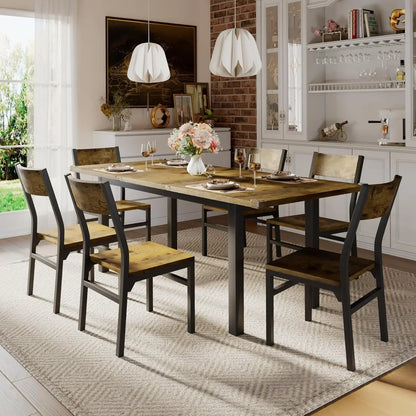 Dining Table Set for 4-8 People, Extendable Kitchen Table Set with 2 Benches and 2 Square Stools