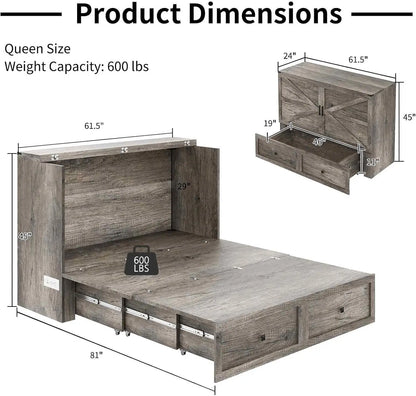 Full Size Murphy Bed, Cabinet Bed with Charging Station Large Storage Drawer for Home Office or Small Room, Hideaway Bed Full Fo