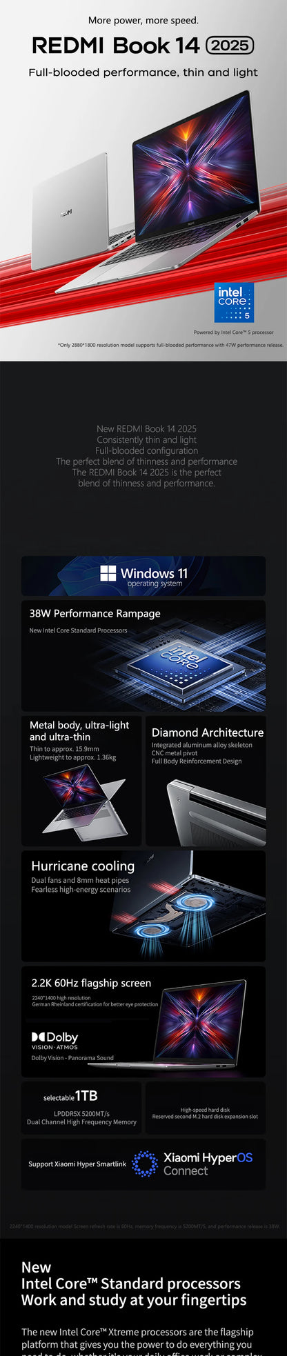 Xiaomi Laptop REDMI Book 14 2025 14" 2.2K Screen Dolby VISION ATMOS Xiaomi Hyper OS Connect New Intel Core 5-210H Notebook PC