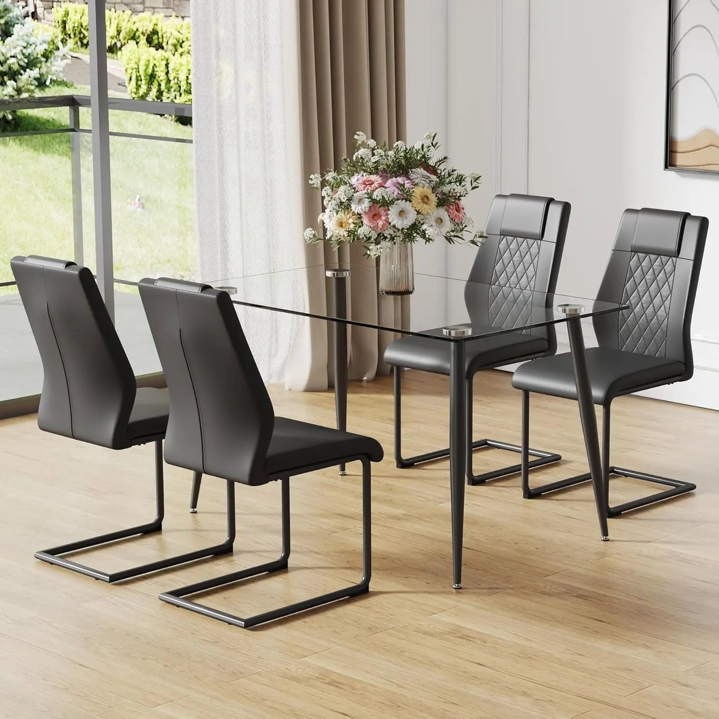 Glass Dining Table Set for 4,5 Piece Dining Table and Chairs Set，Modern Kitchen Dining Room Table with 4 Black PU Leather