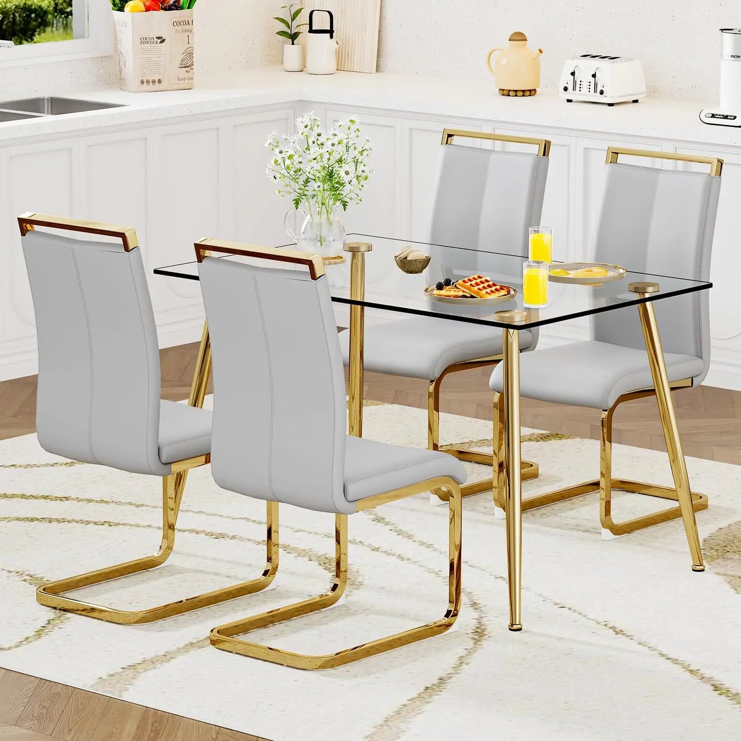 Glass Dining Table Set for 4,5 Piece Dining Table and Chairs Set，Modern Kitchen Dining Room Table with 4 Black PU Leather