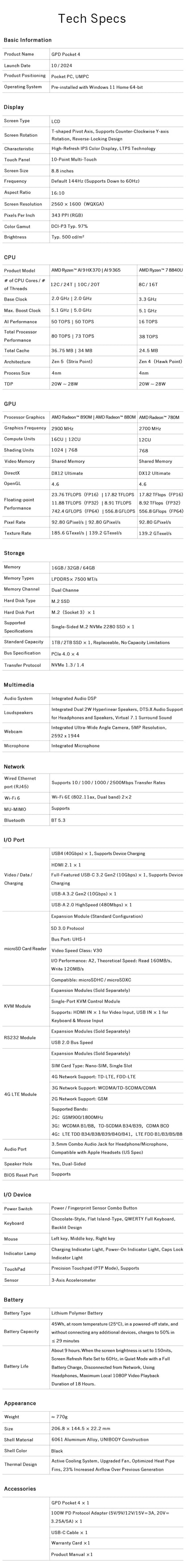 GPD Pocket 4 2025 Model AMD R7 8840U/AI 9 365/AI 9 HX 370 Processor 8.8-inch 2.5K Resolution 144 Hz Refresh Rate Mini Laptop