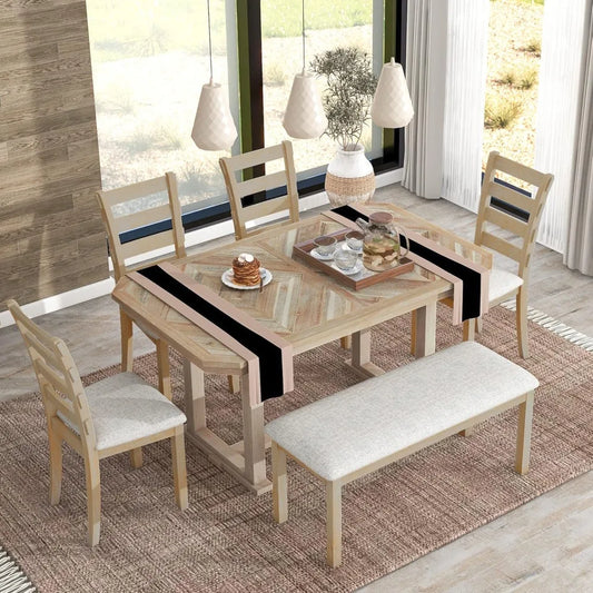 6 Pieces Dining Table Set with Bench, Rectangle Dining Table with 4 Upholstered Chairs & A Bench, Rubber Wood Dining Table Set