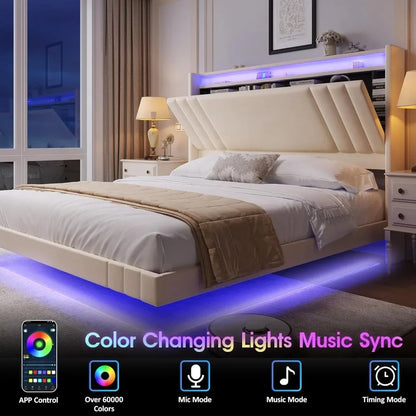 Floating Bed Frame, 50.8" Tall Headboard LED with Charging Station, Metal Platform Bed Frame, Upholstered Platform Beds Home