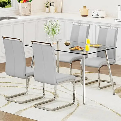 Glass Dining Table Set for 4,5 Piece Dining Table and Chairs Set，Modern Kitchen Dining Room Table with 4 Black PU Leather