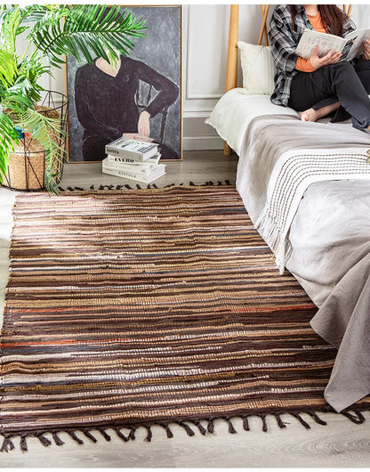 Cotton Tassel Carpet Rug Handmade Bedroom Rug Bedside Floor Mat Entrance Doormat Stripe Kitchen Mat Machine Washable Bath Rug