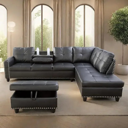 L Shaped Sectional Sofa Set with Storage Ottoman Reversible Back Cushion W/Cupholders, Wide Convertible Upholstered Couch