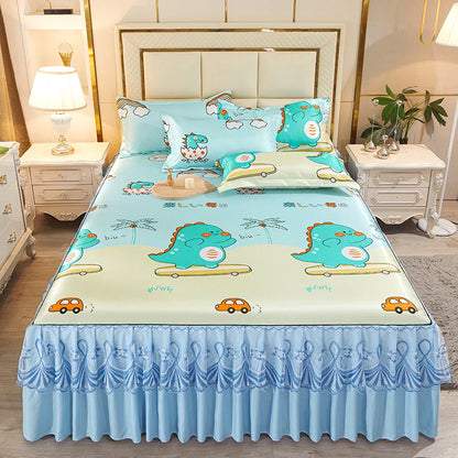3pcs Set Luxury Classic Floral Bed Skirt with Pillowcase, Ice Silk Flower Print Bedding Set for Dorm, Bedroom, Guest Room Decor