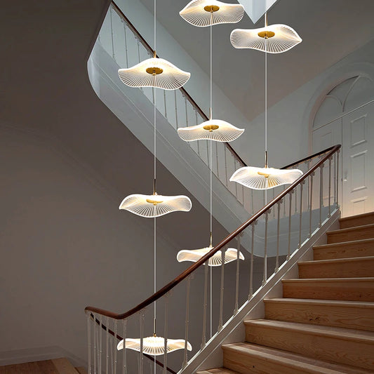 Led Staircase Pendant Lamp Modern Circular Lotus Leaf Living Room Chandelier Designer Villa Style Large Penthouse Chandelier