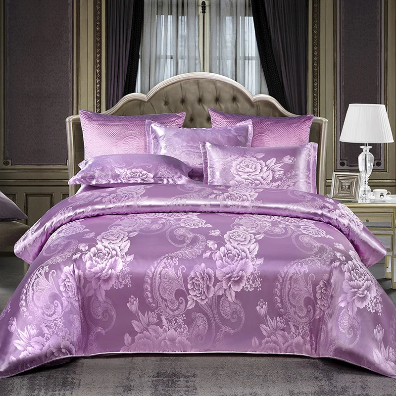 Floral Jacquard Satin Duvet Cover Set Queen 3 Piece Luxury Silk Like Bedding Comforter Covers with Zipper Closure & Corner Ties