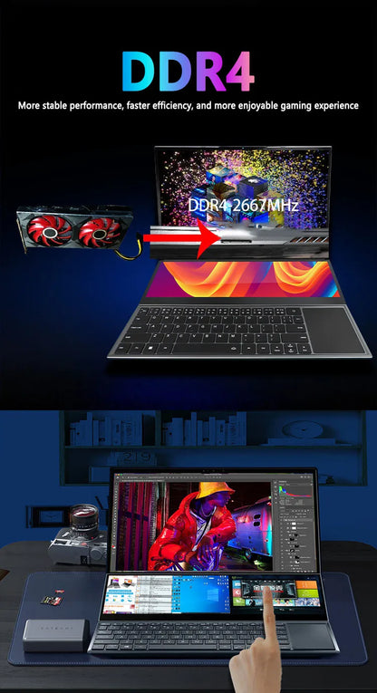 16+14 Dual Screen Touch Intel Core i7-9750H Gaming Business Laptop RAM 64GB SSD 4TB Backlight 6-Core 12 Thread DDR4 HD 4.5GHz