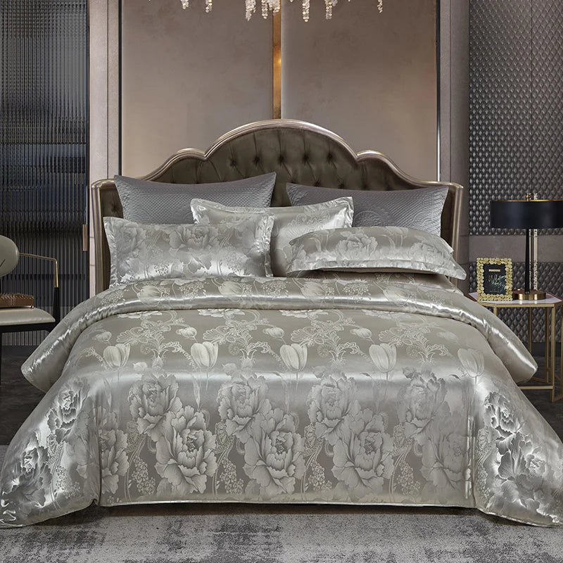 Floral Jacquard Satin Duvet Cover Set Queen 3 Piece Luxury Silk Like Bedding Comforter Covers with Zipper Closure & Corner Ties